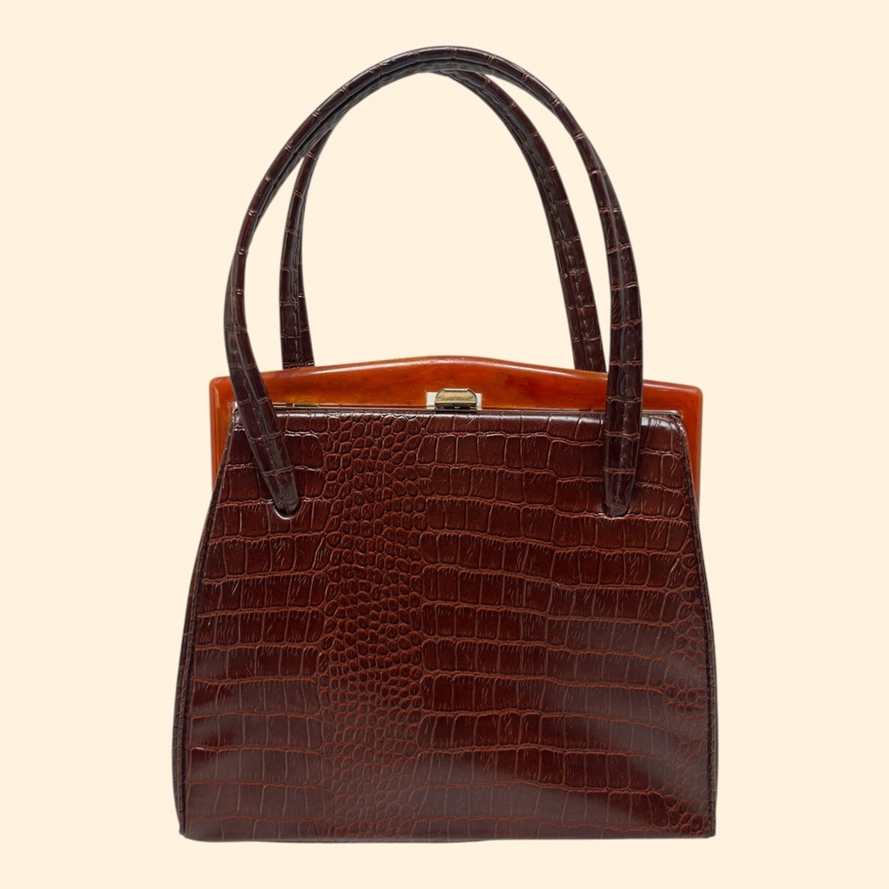 1960s Vintage Brown Crocodile Embossed Leather Handbag with Lucite Frame